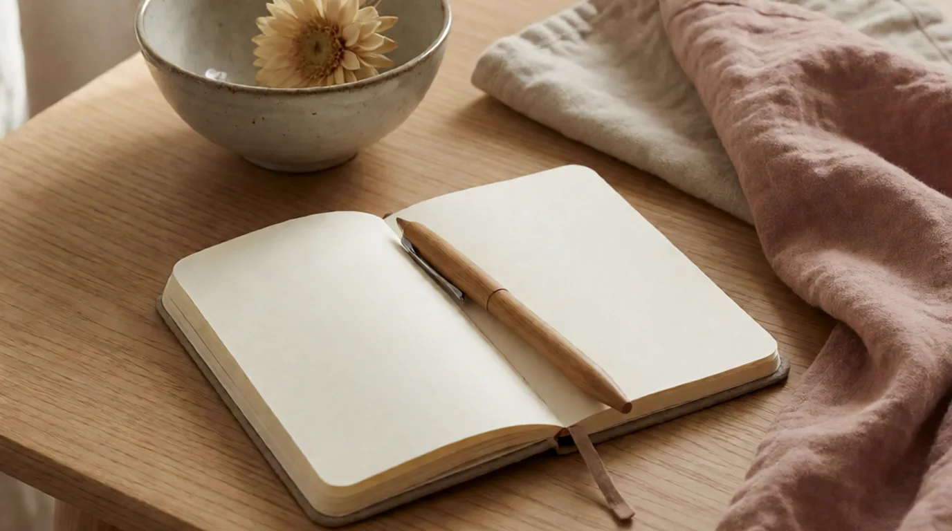 Cuaderno abierto con un bolígrafo de madera, un cuenco de cerámica con una flor seca y tela de lino sobre una mesa de madera