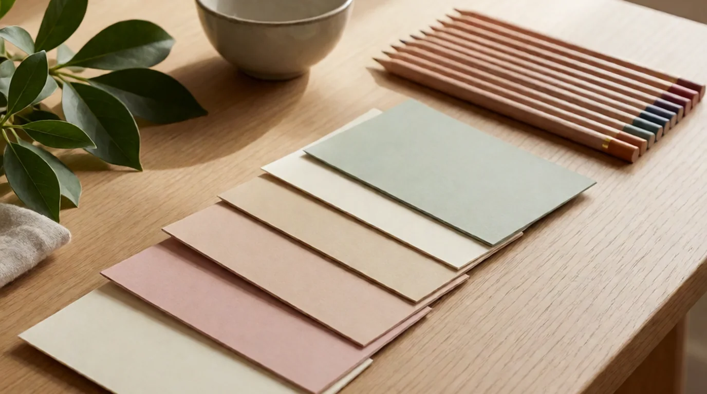 Muestras de papel de colores y lápices ordenados sobre una superficie de madera junto a un cuenco de cerámica