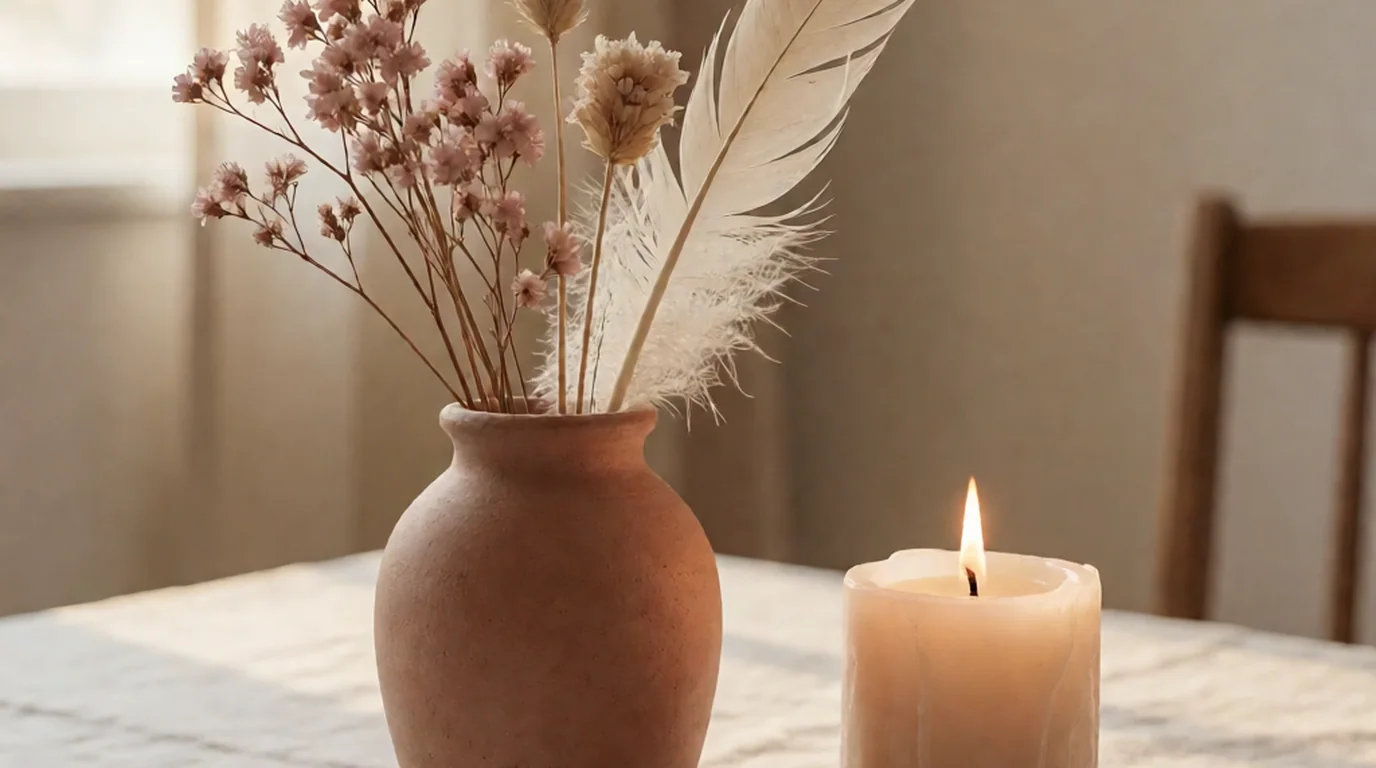 Jarrón de terracota con flores secas y plumas junto a una vela encendida sobre una mesa de madera