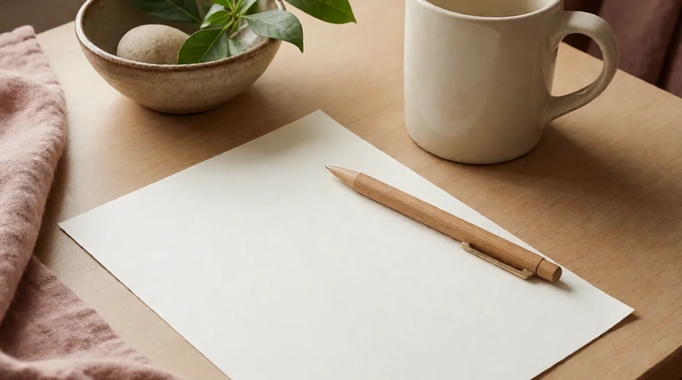 Hoja en blanco con un bolígrafo de madera, una taza de cerámica y un cuenco con una planta sobre una mesa de madera