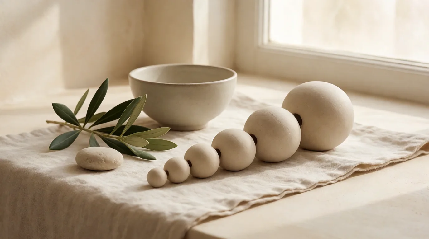 Composición minimalista de objetos naturales en tonos cálidos sobre el alféizar, con textura orgánica y luz suave de ventana