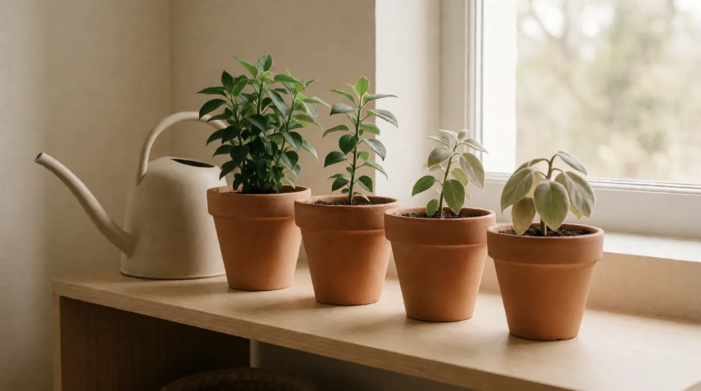 Macetas de terracota con plantas verdes sobre un mueble de madera junto a la ventana, con una regadera blanca al lado