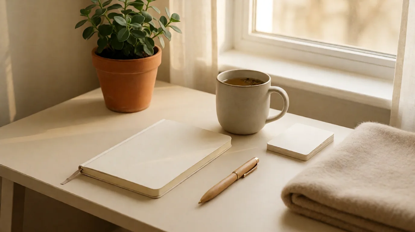 Escritorio sereno y ordenado junto a la ventana, con una planta, una taza de té y una manta en tonos naturales