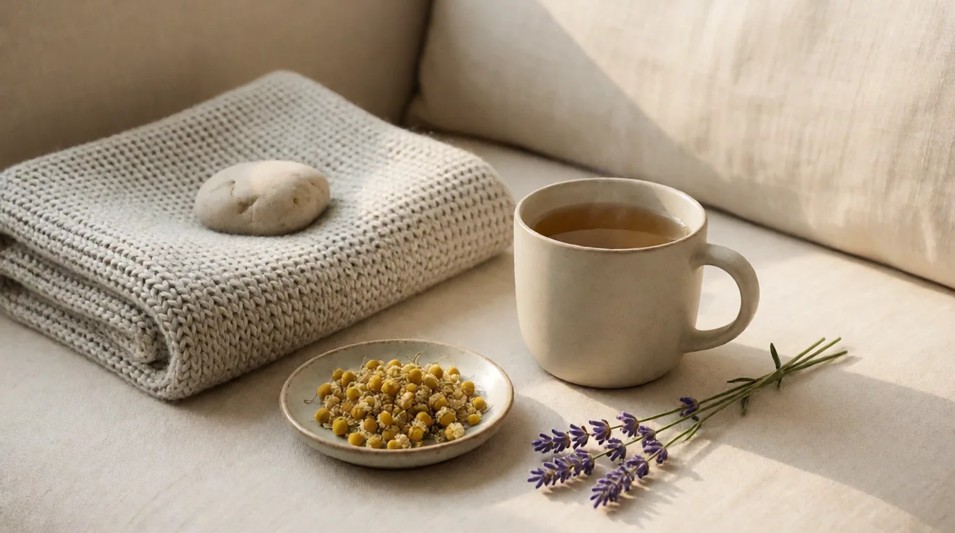 Taza de manzanilla humeante junto a flores secas de lavanda y manzanilla, una manta tejida y una piedra decorativa en tonos neutros