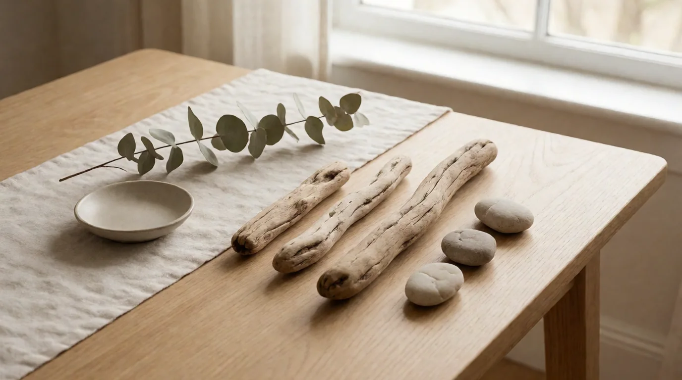 Mesa de madera con un camino de lino, una rama de eucalipto, un cuenco cerámico, trozos de madera flotante y piedras lisas, junto a una ventana