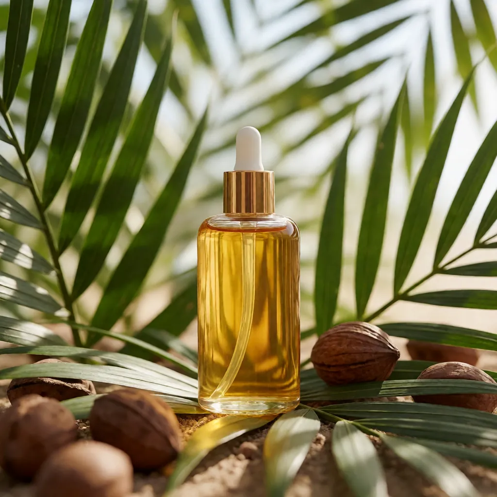 Botella de aceite de batana con hojas tropicales y nueces de palma