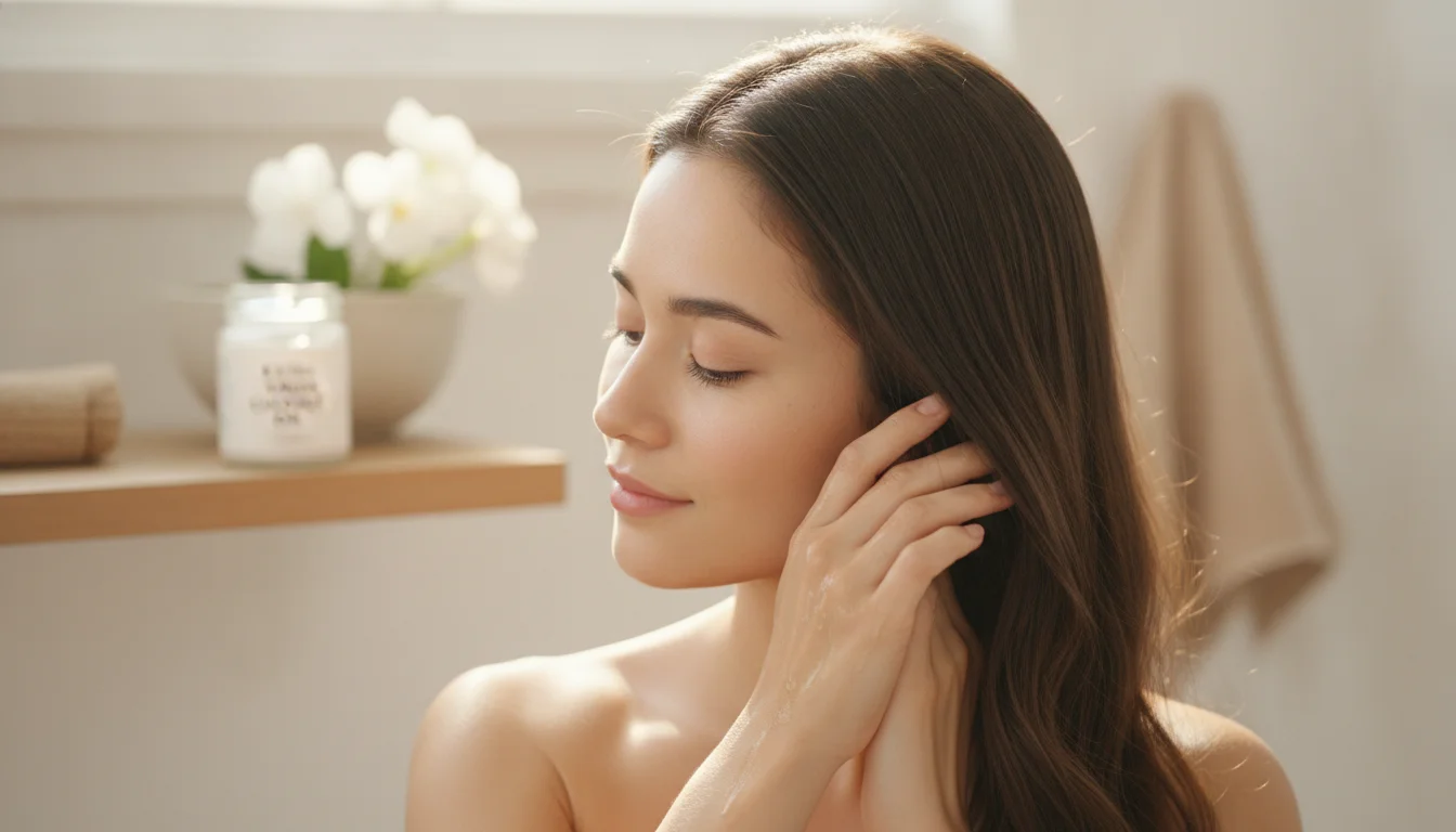 Mujer joven aplicándose aceite de coco en el cabello largo y brillante, masajeando suavemente el cuero cabelludo con las manos, luz natural suave