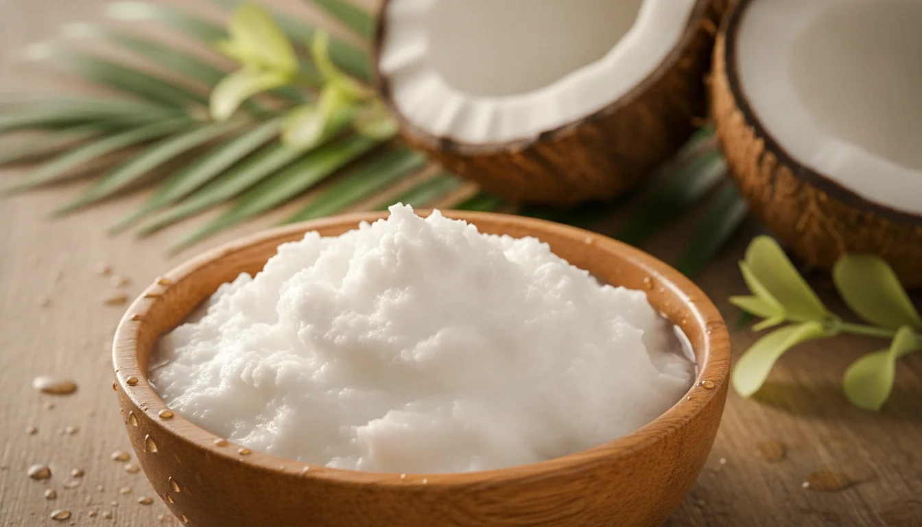 Textura del aceite de coco virgen extra, cuchara de madera con aceite de coco sólido y dorado, cocos de fondo, luz natural cálida