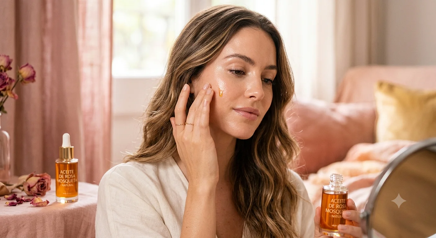 Mujer aplicándose aceite de rosa mosqueta en el rostro, piel luminosa, luz natural suave