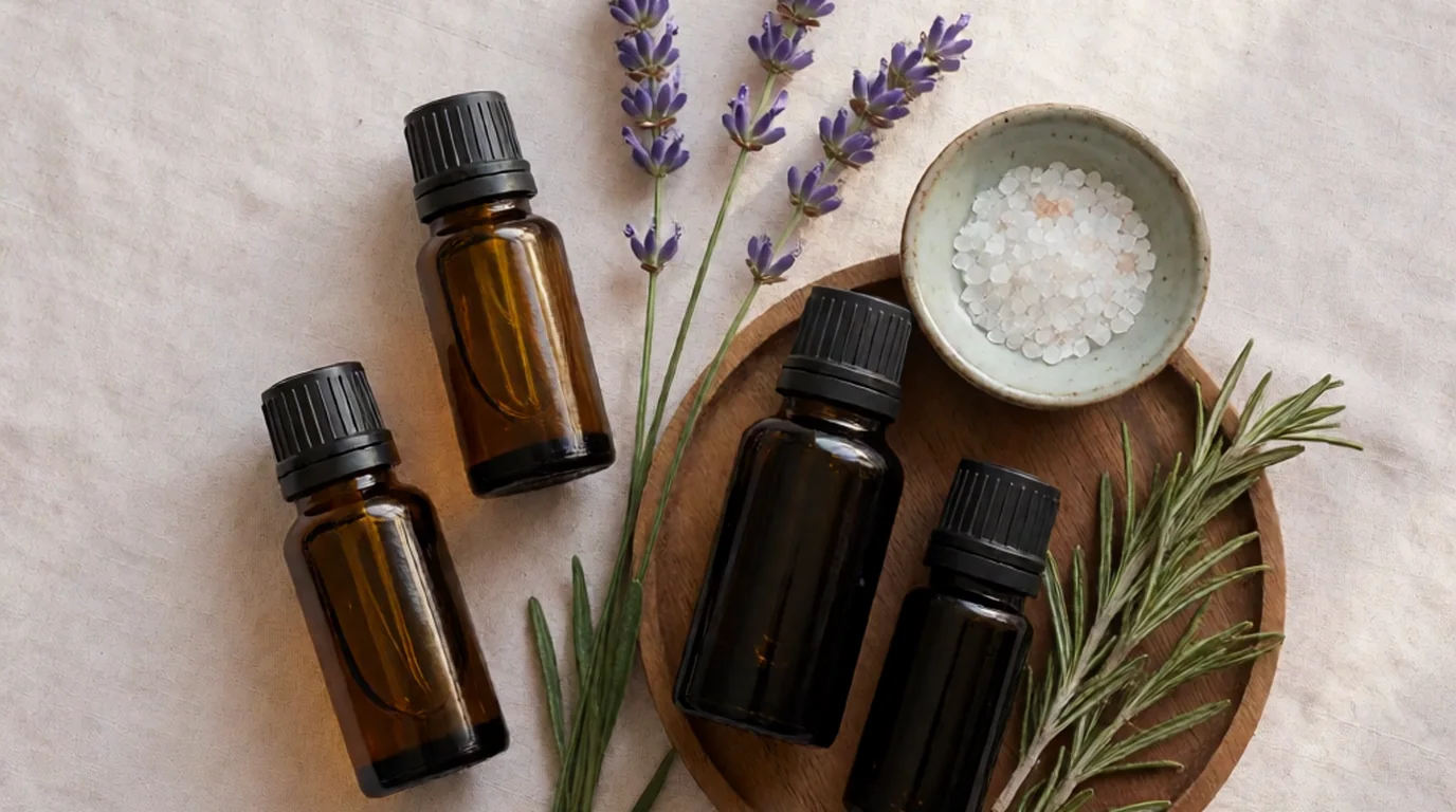 Frasco de aceite esencial abierto junto a flores secas de lavanda sobre una mesa de madera clara