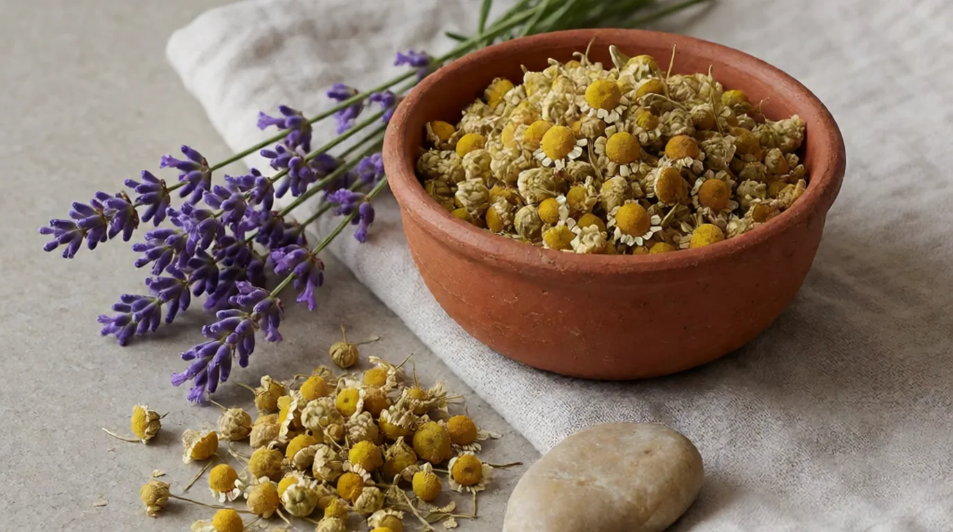 Bodegón de aceites esenciales relajantes: lavanda, bergamota y manzanilla con sus etiquetas a la vista