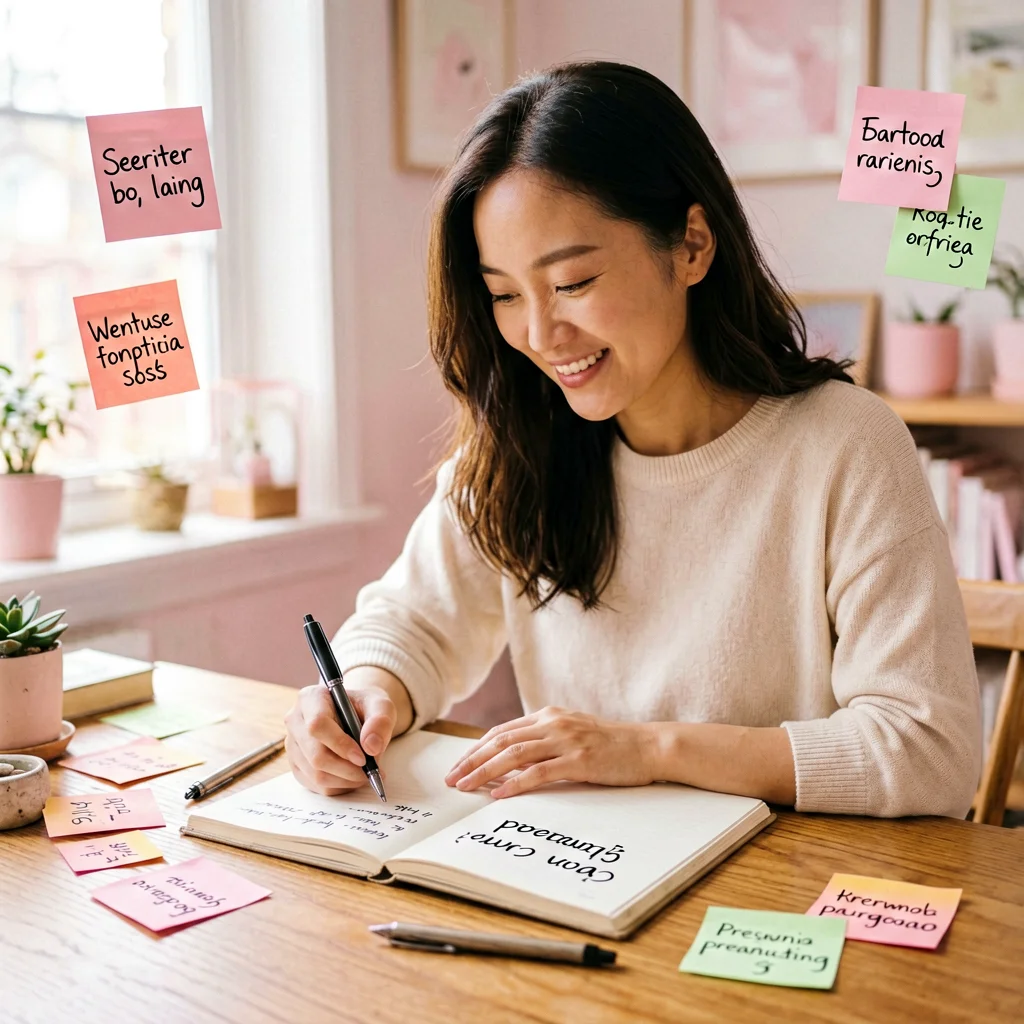 Mujer mirándose al espejo con una sonrisa, rodeada de frases motivadoras de autoestima y amor propio escritas en post-its, ambiente luminoso y acogedor
