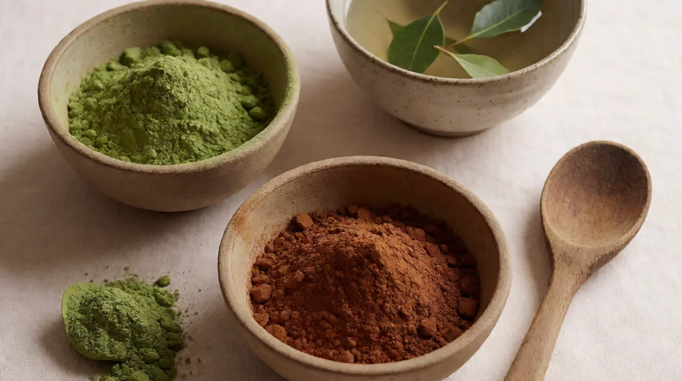 Tres cuencos de cerámica en fila con polvos tintóreos verde y marrón y un bol con agua y hojas, junto a una cuchara de madera y sin ninguna persona