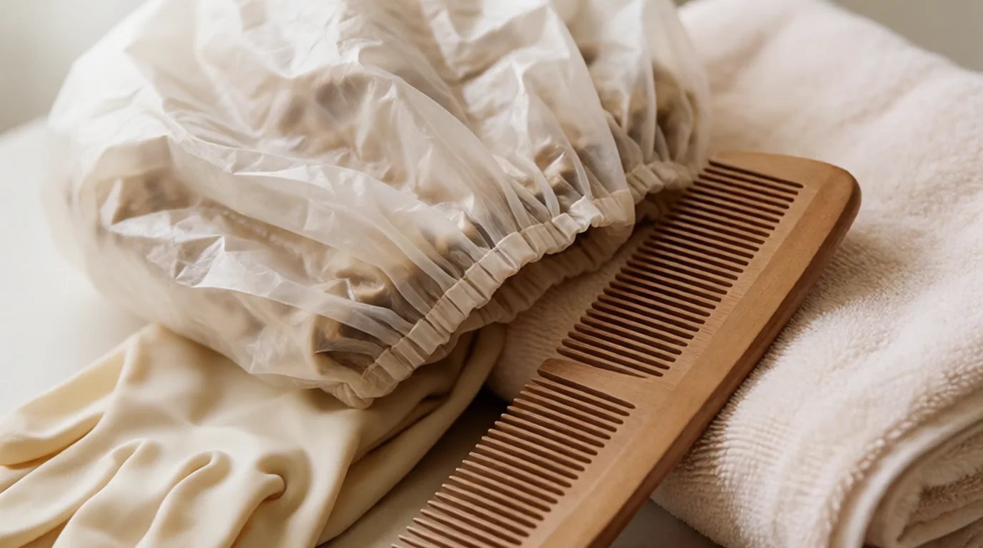 Gorro de ducha, guantes y peine de madera preparados