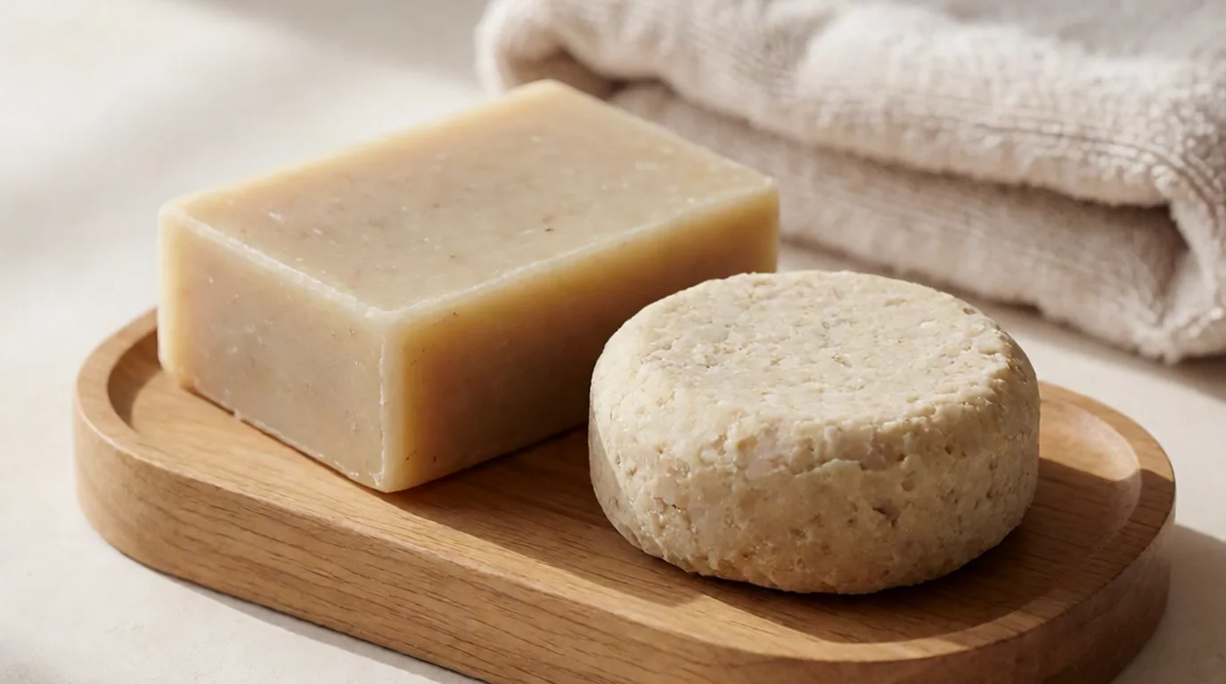 Dos pastillas de champú sólido natural y jabón de plantas sobre una jabonera de madera clara, con una toalla beige al fondo y sin ninguna persona