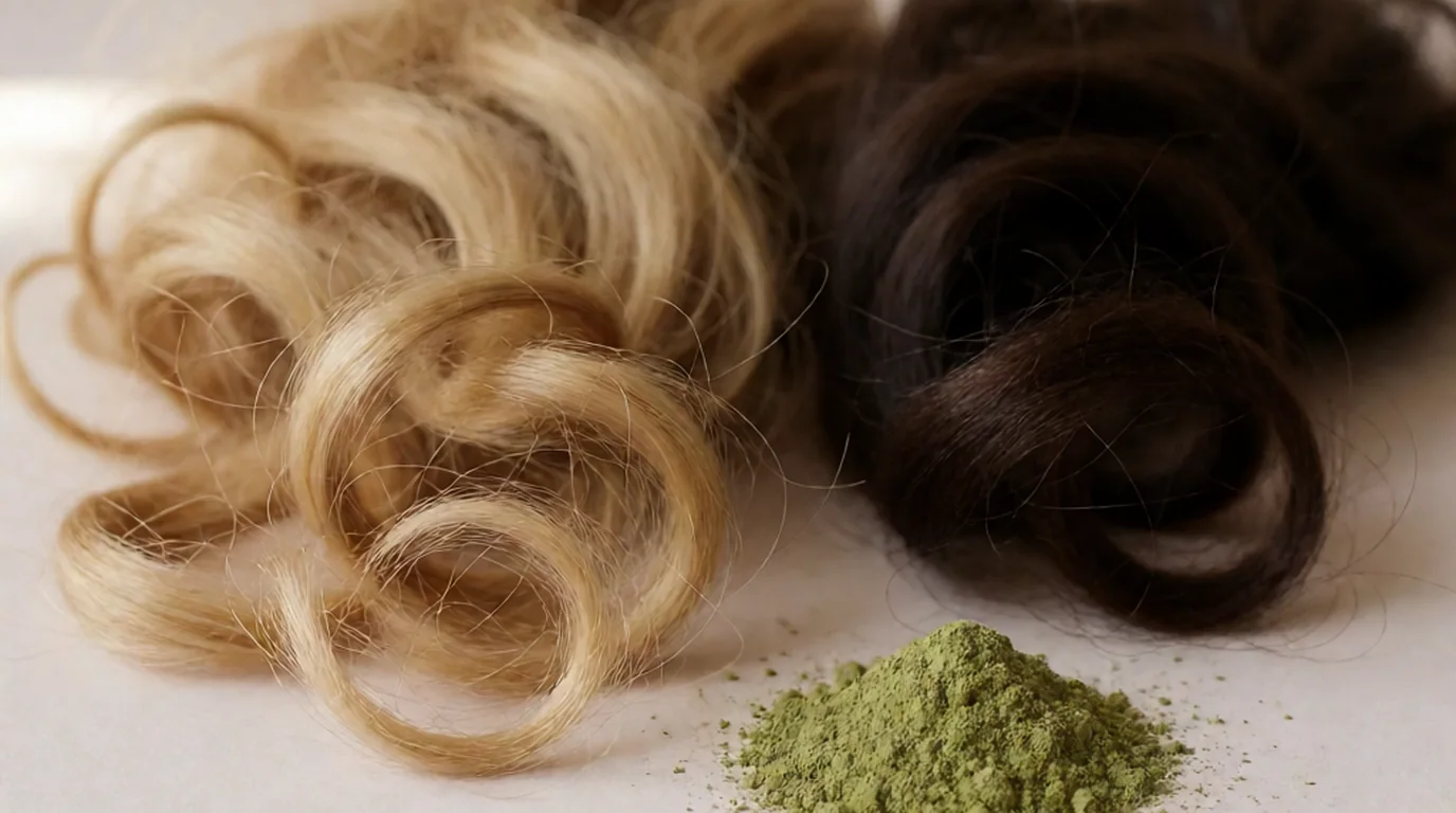 Mechones de cabello claro y oscuro sobre superficie neutra