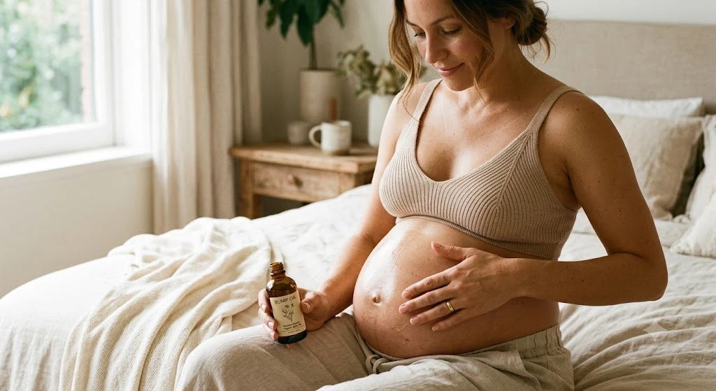 Mujer embarazada aplicándose Bio-Oil en el vientre para prevenir estrías