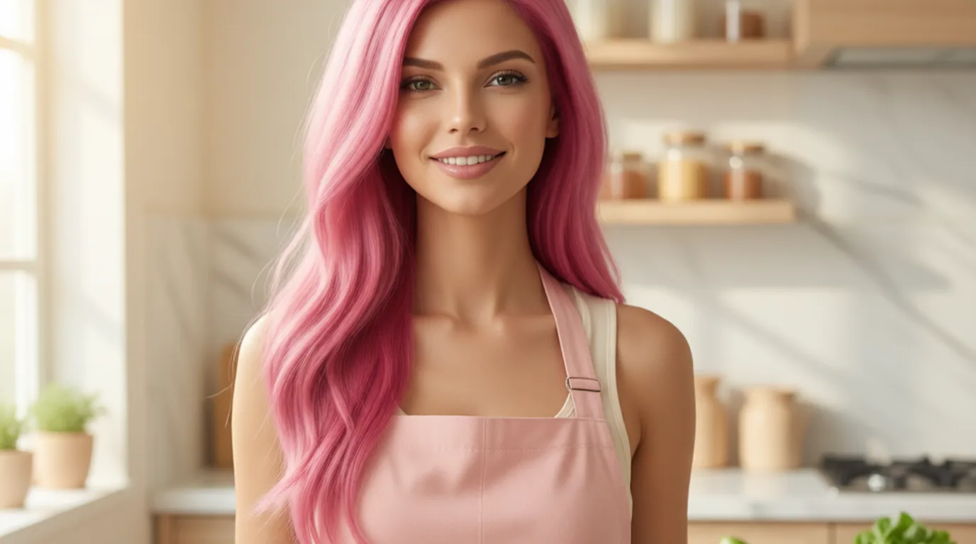 Lolita Coconut con delantal rosa sonriendo en su cocina luminosa, con la encimera y unas verduras al fondo