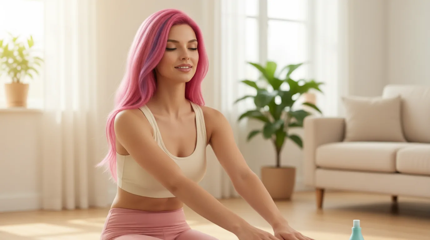 Mujer haciendo estiramientos en el suelo de un salon luminoso sobre una esterilla de yoga, junto a una botella de agua y una toalla