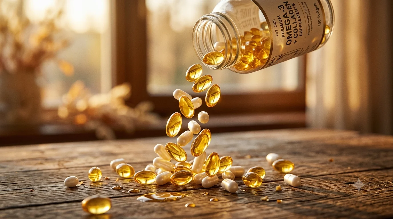 Suplementos de colágeno y omega 3 en cápsulas sobre fondo de mármol con luz natural