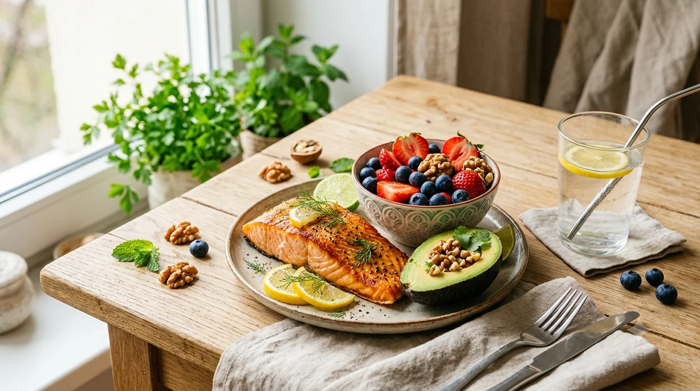 Alimentos ricos en colágeno y omega 3: salmón, nueces, fresas y caldo de huesos
