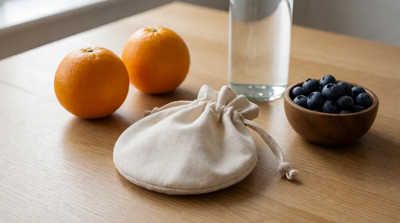 Bodegón con cinta métrica, báscula de cocina, fruta y una botella de agua sobre una mesa de madera clara