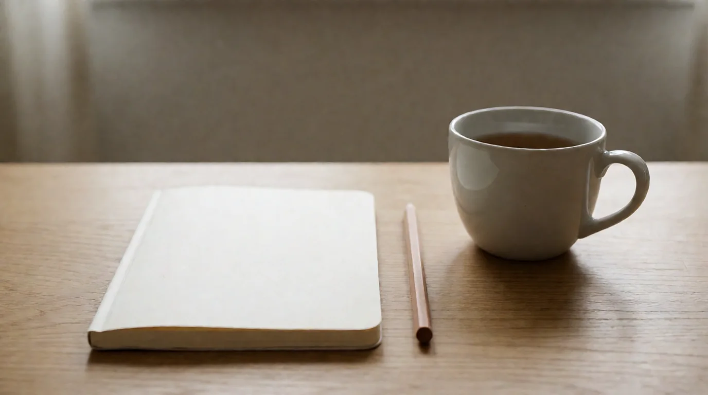 Bodegón con cinta métrica de costura, libreta y lápiz sobre una mesa junto a una taza de té
