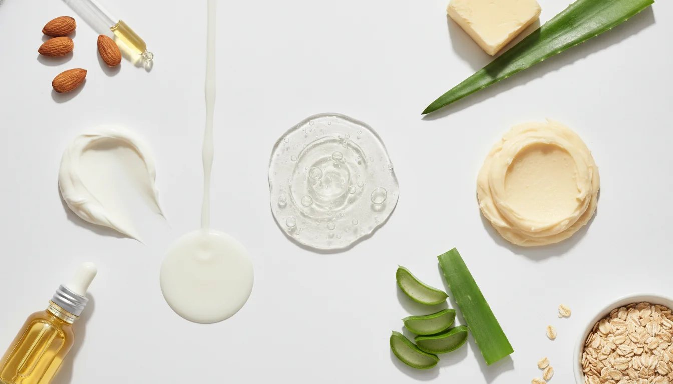 Diferentes texturas de cremas hidratantes corporales: crema densa, loción, gel y manteca