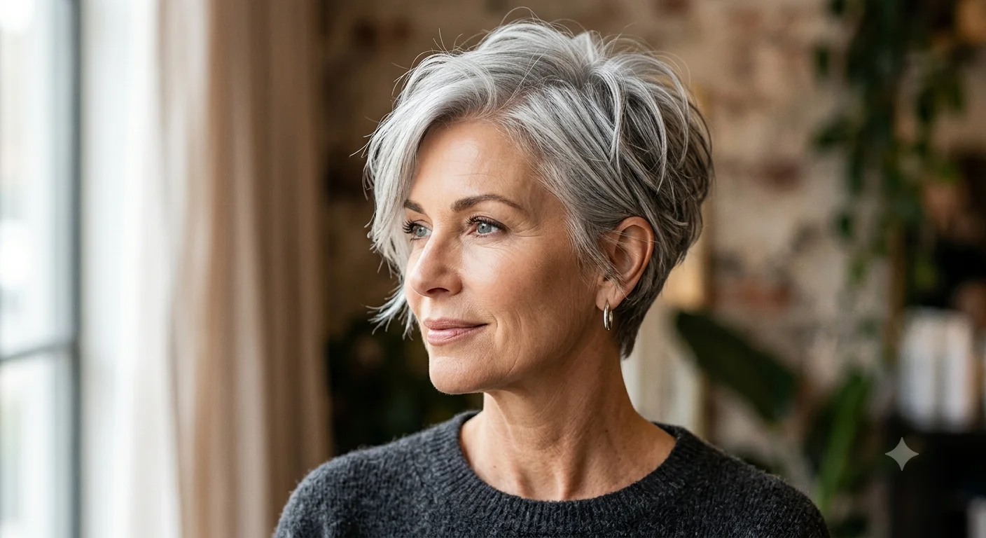Mujer con corte pixie moderno, pelo corto favorecedor para mujeres de 60 años