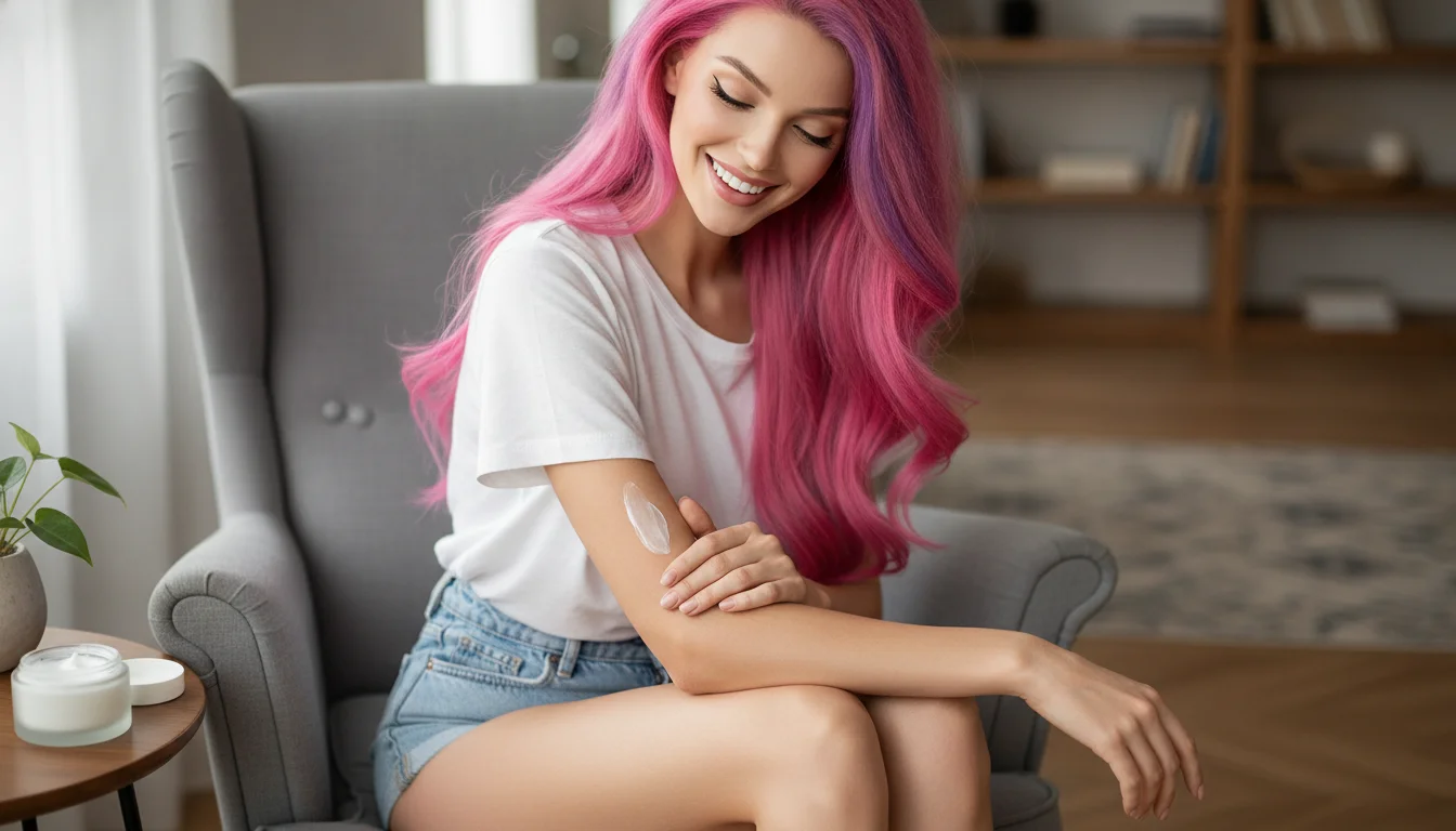Lolita Coconut en casa aplicándose crema hidratante corporal, piel saludable y sonrisa radiante