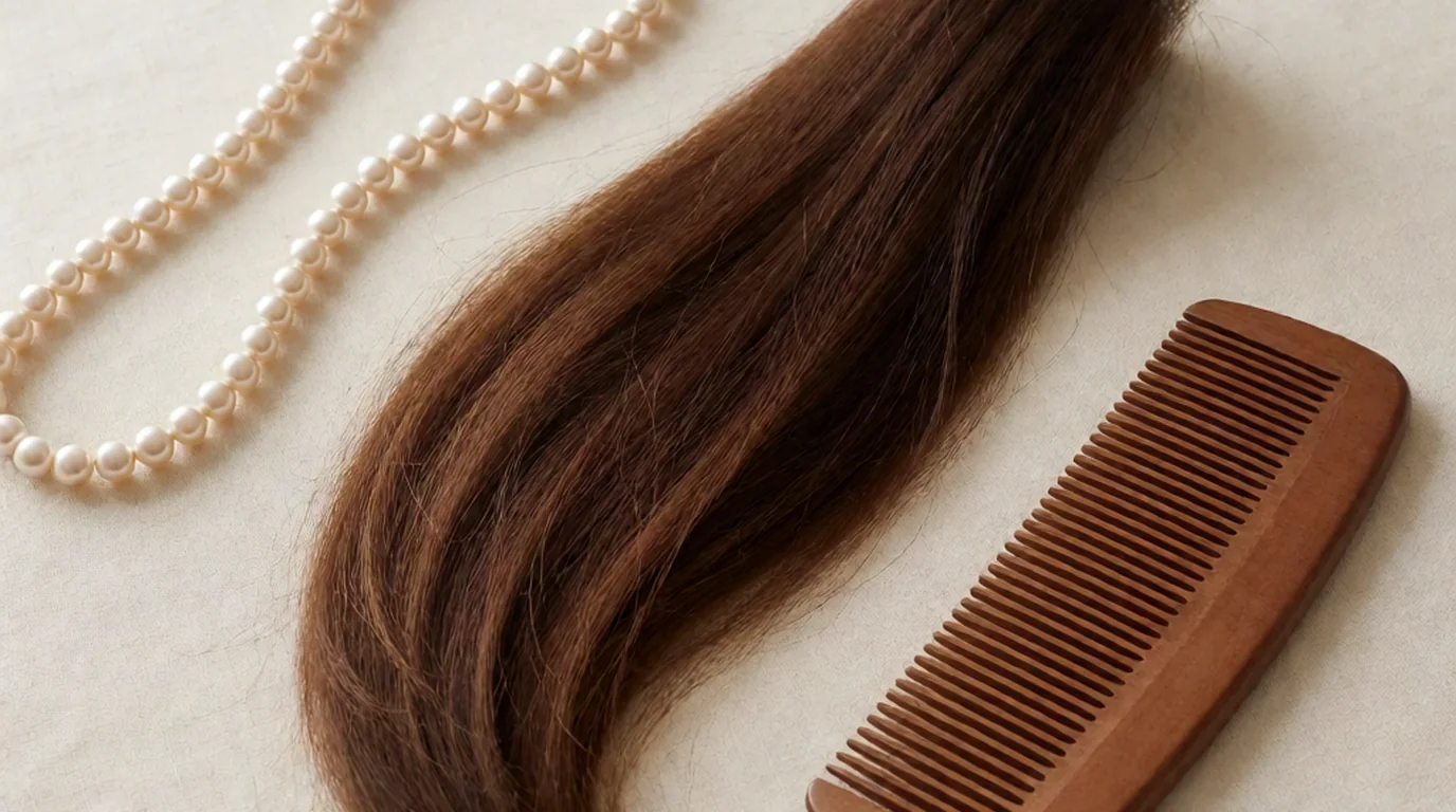 Bodegón de un mechón de cabello castaño, un collar de perlas y un peine de madera sobre fondo neutro, sin ninguna persona