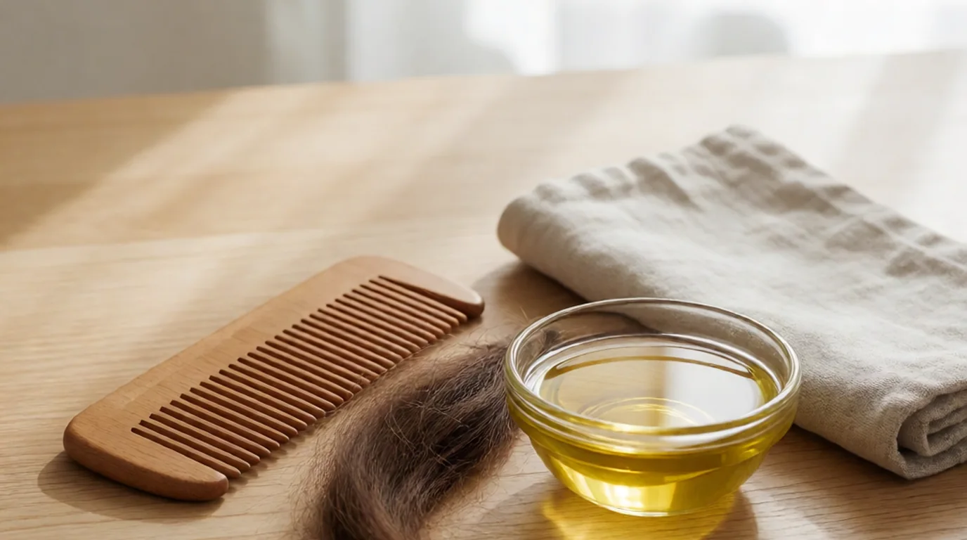 Bandeja de cuidado capilar con un peine de madera, un mechón de cabello, aceite en un cuenco de vidrio y una toalla de lino sobre mesa de madera, sin ninguna persona