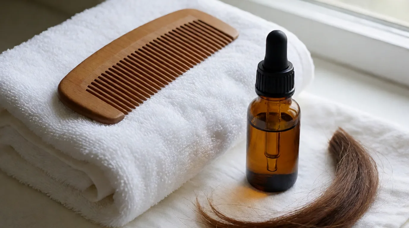 Un peine de madera sobre toallas blancas dobladas junto a una botella de gotas ámbar y mechones de cabello cerca de una ventana, sin ninguna persona