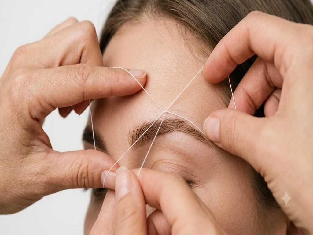 Mujer recibiendo depilación con hilo en el labio superior, técnica de threading con hilo de algodón, manos de la esteticista trabajando con precisión