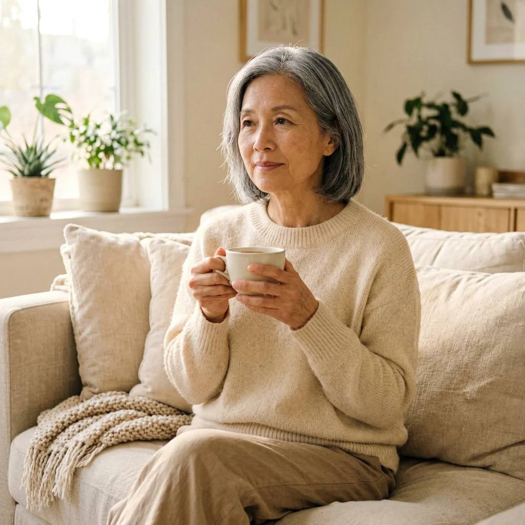 Mujer reflexionando sentada en un sofá con luz cálida, sosteniendo una taza de té, representando la calma y la búsqueda de ayuda para la depresión en mujeres