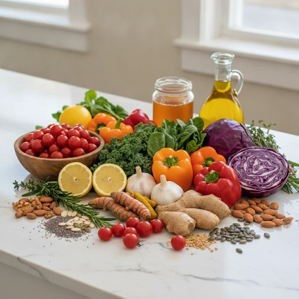 Ingredientes frescos para dieta antiinflamatoria: verduras, frutas, pescado, especias