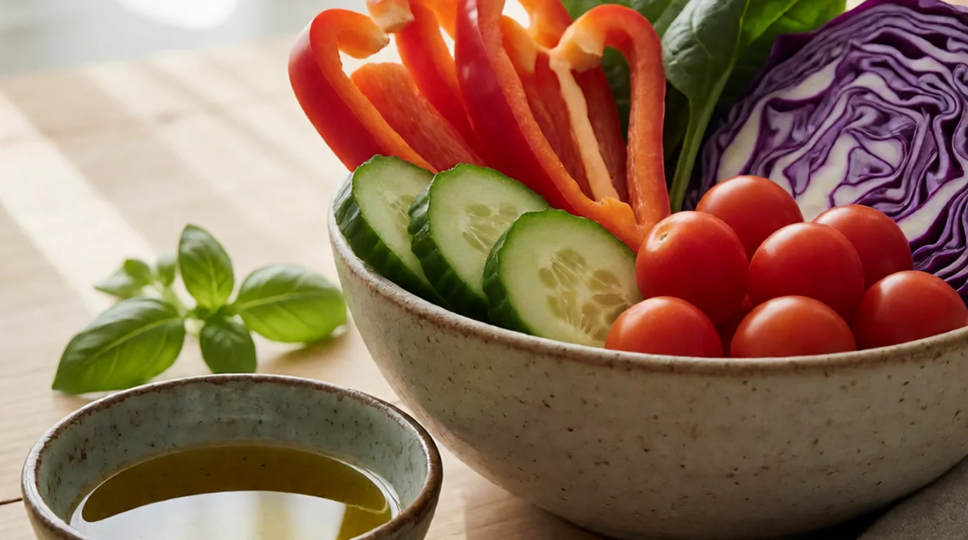 Bol de verduras frescas de colores junto a un pequeño cuenco de aceite de oliva sobre una mesa clara de madera