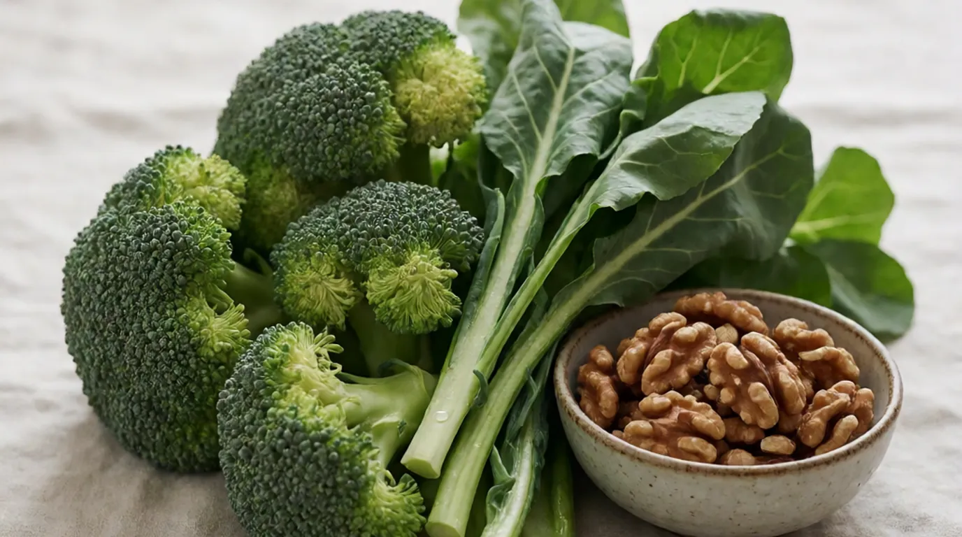 Ramo de brócoli y hojas verdes frescas sobre fondo claro, con un cuenco pequeño de nueces al lado