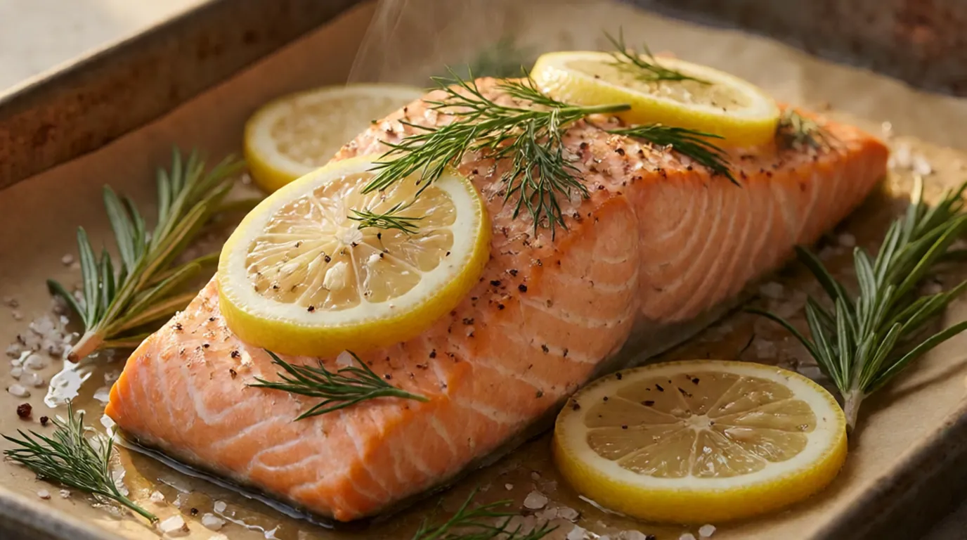 Salmón al horno sobre una bandeja con rodajas de limón y hierbas frescas, sin personas