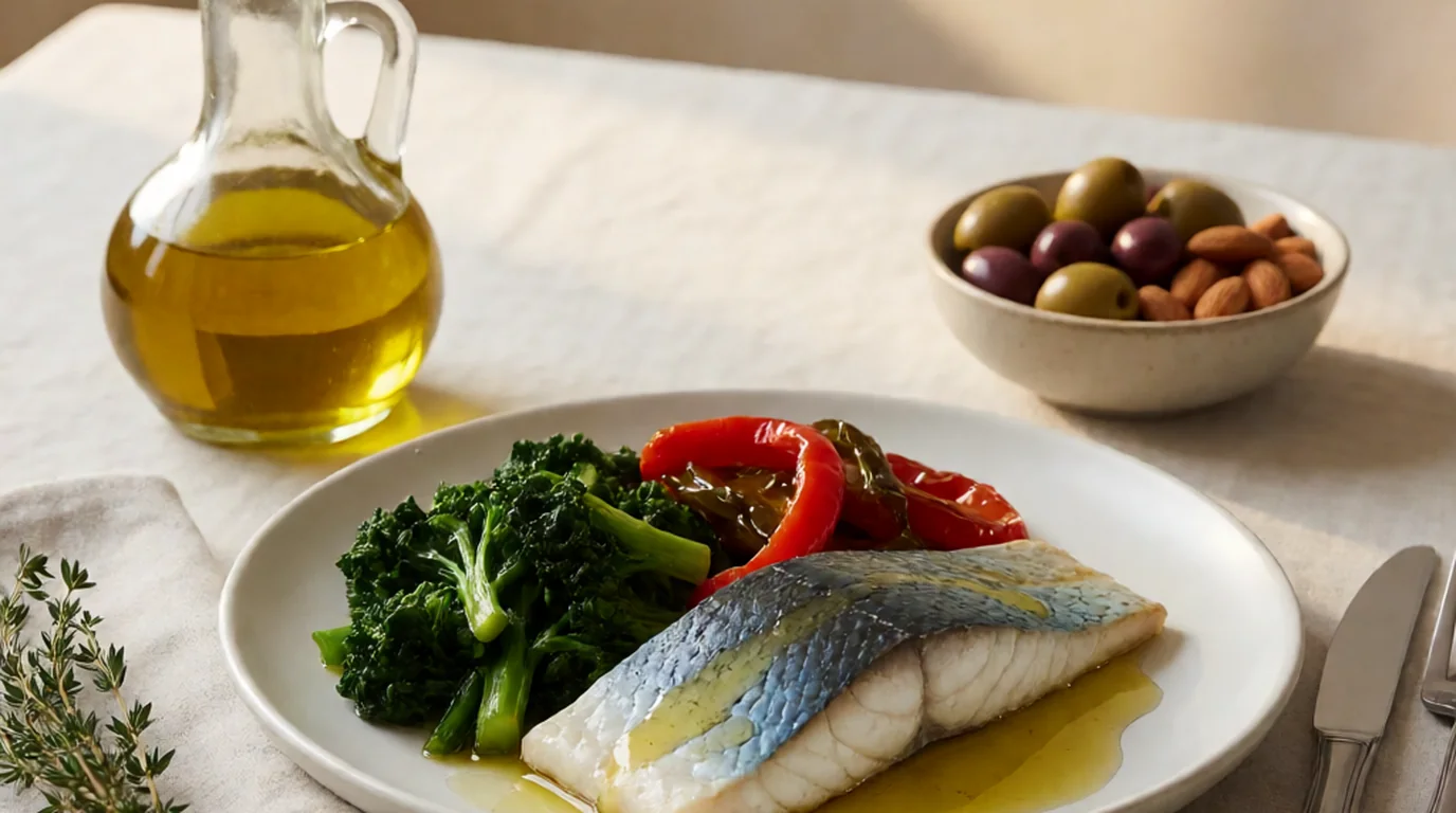 Mesa serena con aceite de oliva, verduras frescas y un plato de pescado azul preparado, sin personas