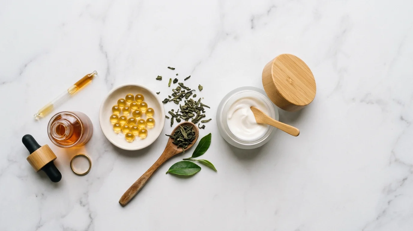 Ingredientes de belleza natural: suero, cápsulas doradas, té verde sobre mármol
