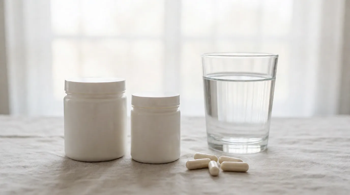 Dos botes de suplemento sin etiqueta, un vaso de agua y unas cápsulas blancas sobre una superficie de lino