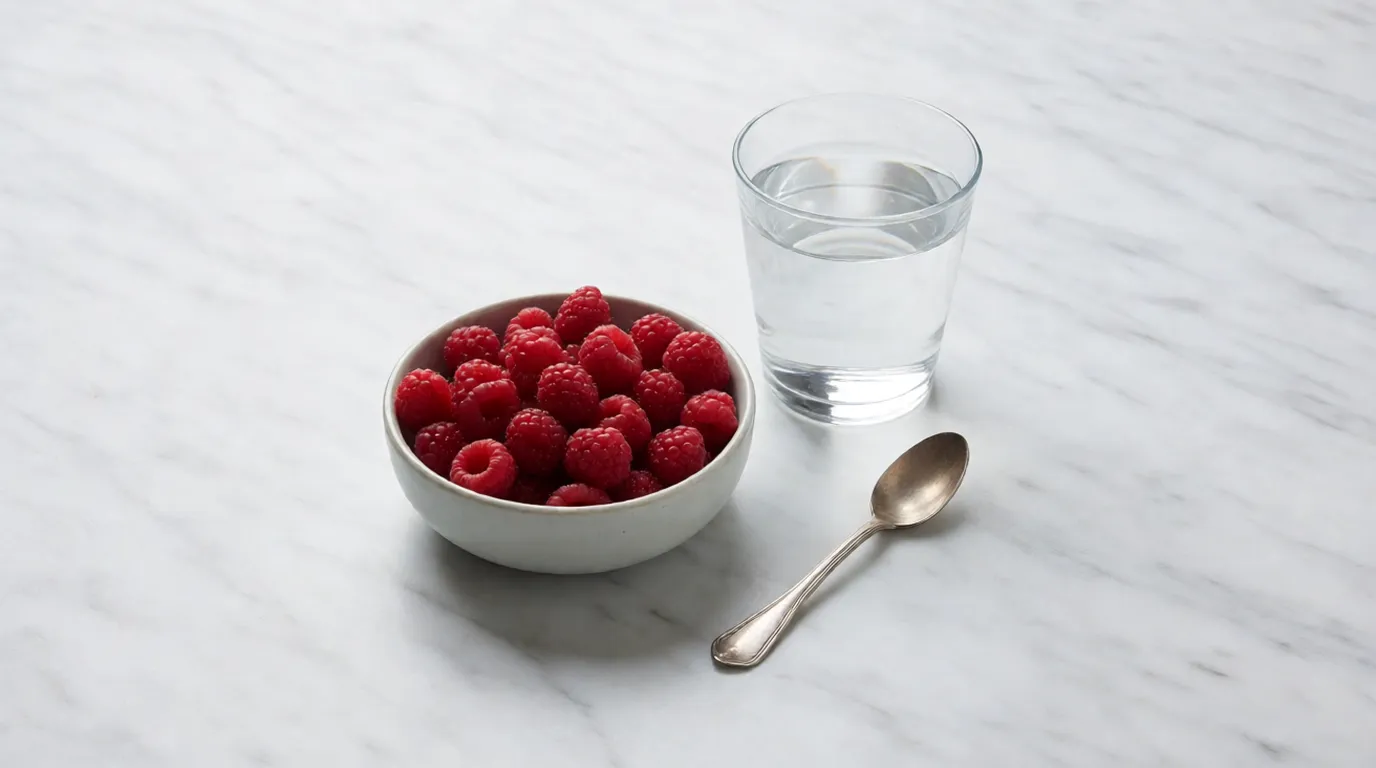 Bol de frutos rojos frescos, un vaso de agua y una cuchara sobre una superficie minimalista