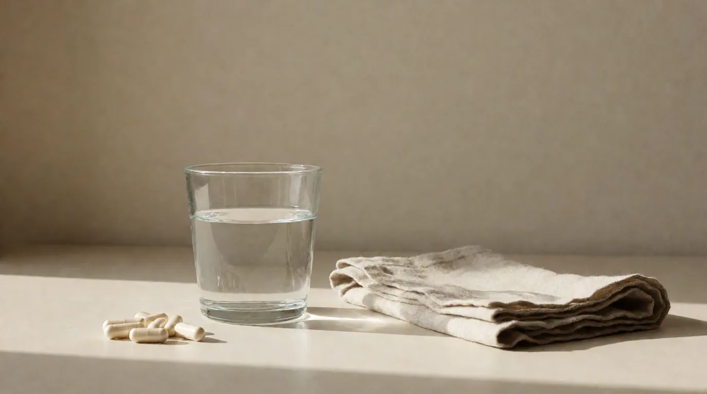 Vaso de agua, unas cápsulas y un paño de lino contra una pared neutra luminosa