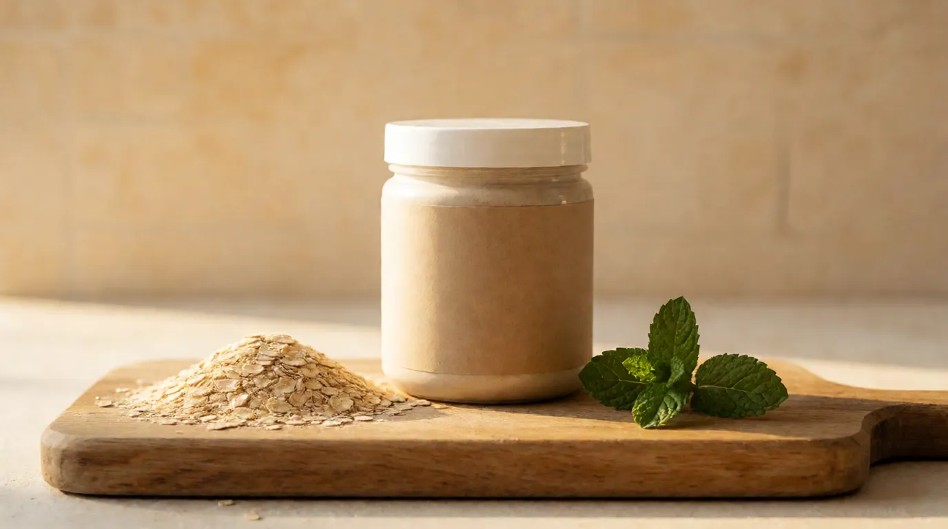 Bote de cápsulas, copos de avena y una ramita de menta sobre una tabla de madera rústica