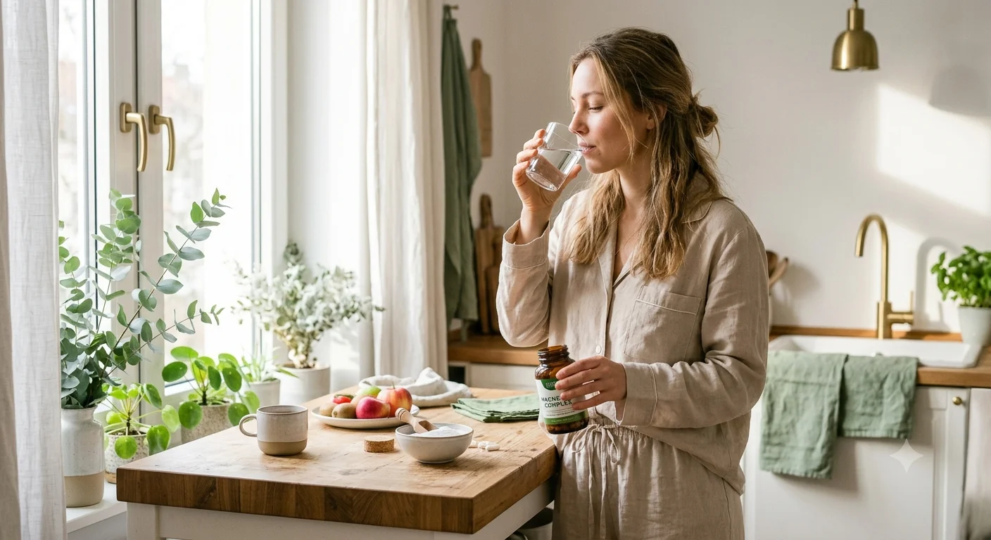 Mujer tomando suplemento de magnesio con agua, vida saludable