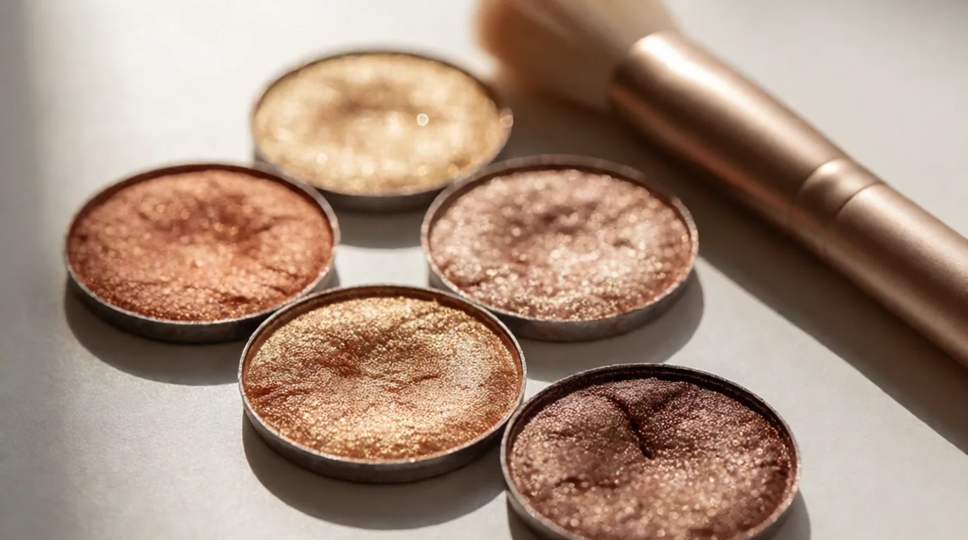 Bodegón de sombras de ojos en tonos cobre, dorado y bronce extendidas sobre una superficie neutra, sin ninguna persona