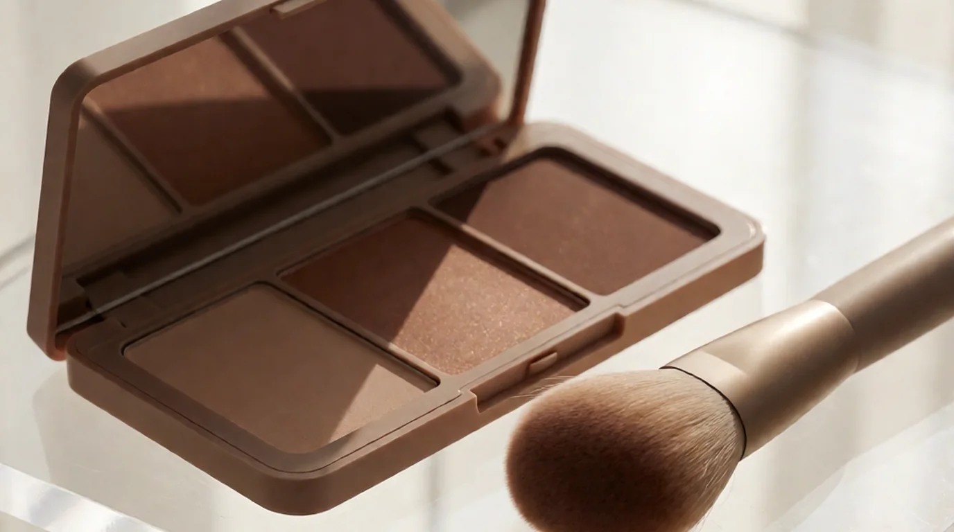 Bodegón de paleta de sombras con neutros, marrones cálidos y bronces, acompañada de un pincel de difuminar, sin ninguna persona