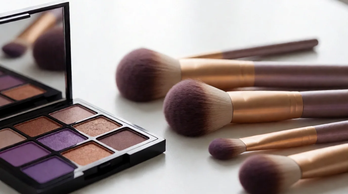 Bodegón de brochas de maquillaje y una paleta con tonos morados y cobrizos preparados sobre una mesa, sin ninguna persona