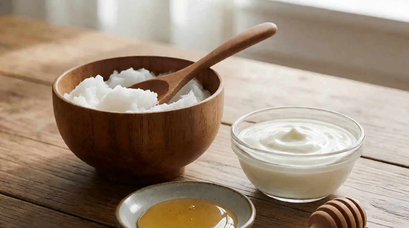 Bodegón de un cuenco de madera con aceite de coco sólido, un tarro de yogur natural y un chorrito de miel, sin ninguna persona